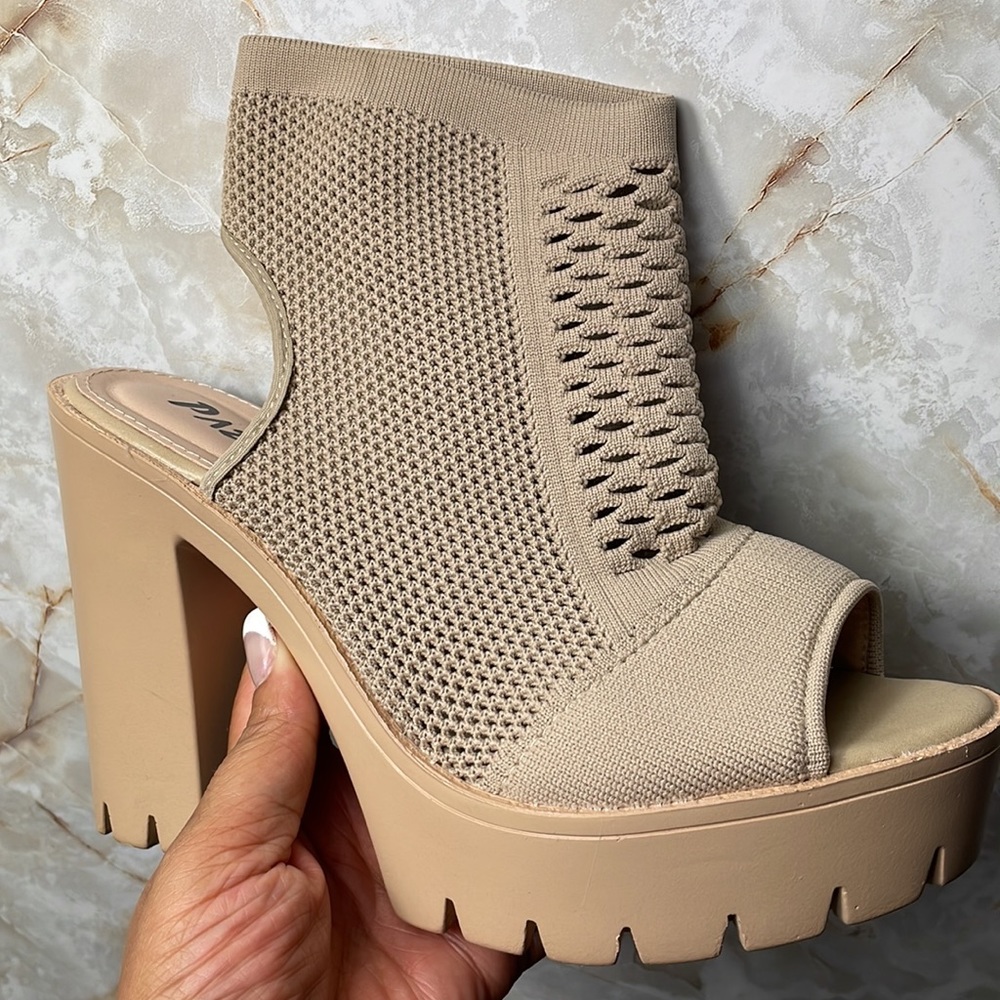 Tan open toe booties chunky sole mesh detail